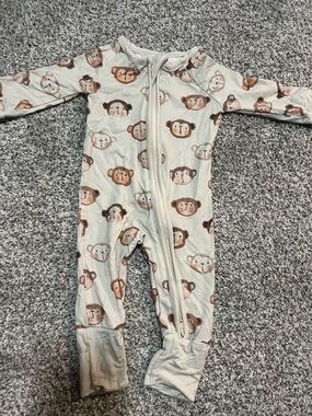 Neutral Monkey Print Zipper Footed One-Piece for Kids